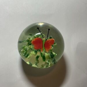 Vintage  Millefiori Paperweight Orange Whit Red Butterfly Art Glass Green Flora